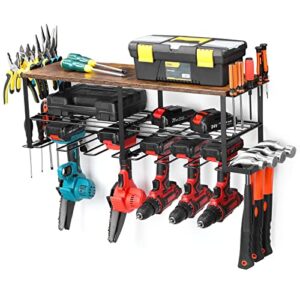 power tool organizer with 6 drill holders, drill holder wall mount, heavy duty garage tool organizer and storage, utility storage rack for cordless drill, for garage organization, gift for father