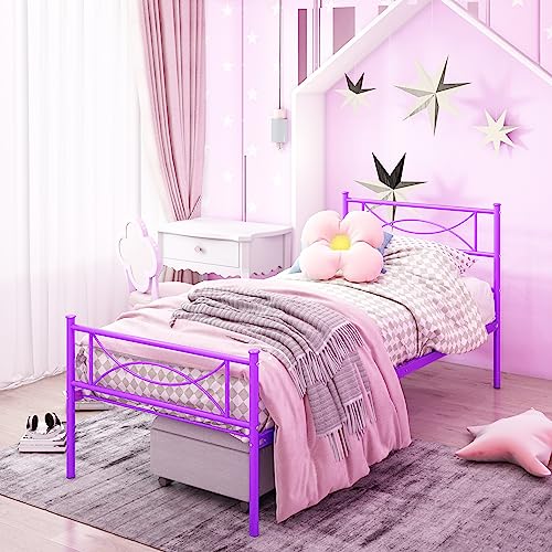 Purple Twin Bed Frames with Storage for Girls Adults Teens, Single Bed Metal Twin Size Beds, Twin Bed Frame No Box Spring Needed Twin Platform with Headboard for Students