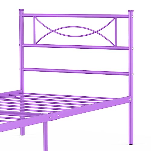 Purple Twin Bed Frames with Storage for Girls Adults Teens, Single Bed Metal Twin Size Beds, Twin Bed Frame No Box Spring Needed Twin Platform with Headboard for Students