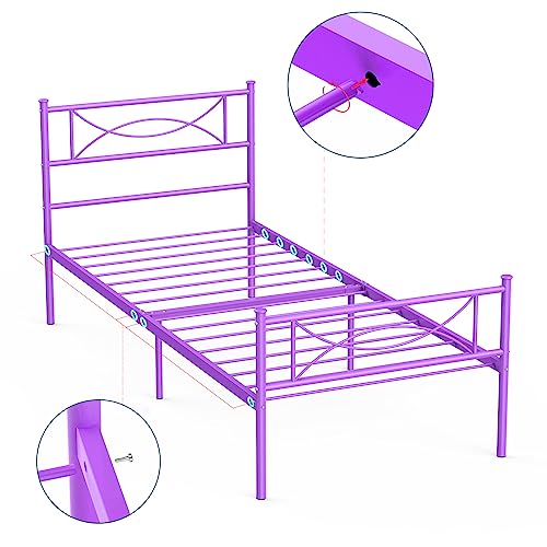Purple Twin Bed Frames with Storage for Girls Adults Teens, Single Bed Metal Twin Size Beds, Twin Bed Frame No Box Spring Needed Twin Platform with Headboard for Students