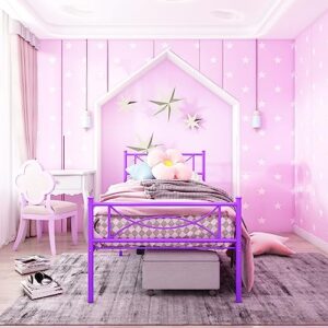 Purple Twin Bed Frames with Storage for Girls Adults Teens, Single Bed Metal Twin Size Beds, Twin Bed Frame No Box Spring Needed Twin Platform with Headboard for Students