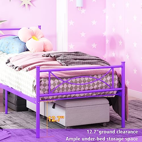 Purple Twin Bed Frames with Storage for Girls Adults Teens, Single Bed Metal Twin Size Beds, Twin Bed Frame No Box Spring Needed Twin Platform with Headboard for Students