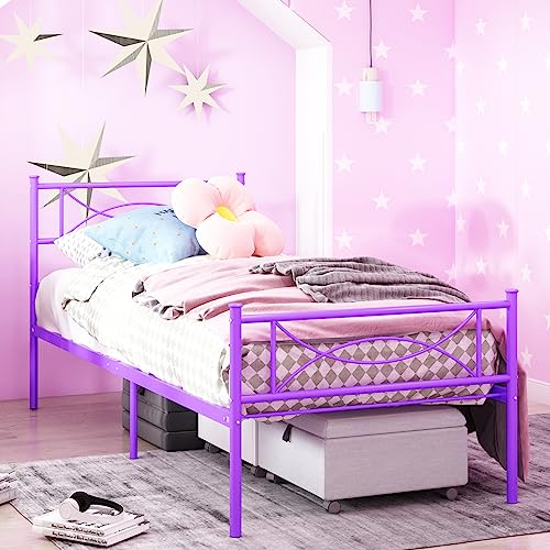 Purple Twin Bed Frames with Storage for Girls Adults Teens, Single Bed Metal Twin Size Beds, Twin Bed Frame No Box Spring Needed Twin Platform with Headboard for Students