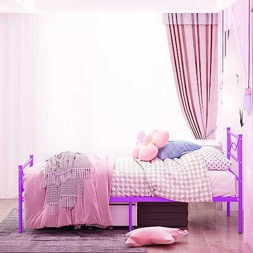 Purple Twin Bed Frames with Storage for Girls Adults Teens, Single Bed Metal Twin Size Beds, Twin Bed Frame No Box Spring Needed Twin Platform with Headboard for Students