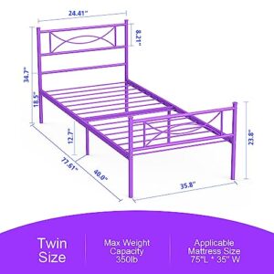 Purple Twin Bed Frames with Storage for Girls Adults Teens, Single Bed Metal Twin Size Beds, Twin Bed Frame No Box Spring Needed Twin Platform with Headboard for Students