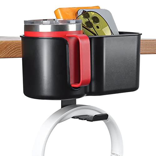 yamagahome Desk Cup Holder, 2 in 1 Table Cup Holder with Headphone Hanger, Anti-Spill Tableside Cup Holder for Water Bottles, Wheelchairs, Workstations, Gaming Desk Accessories