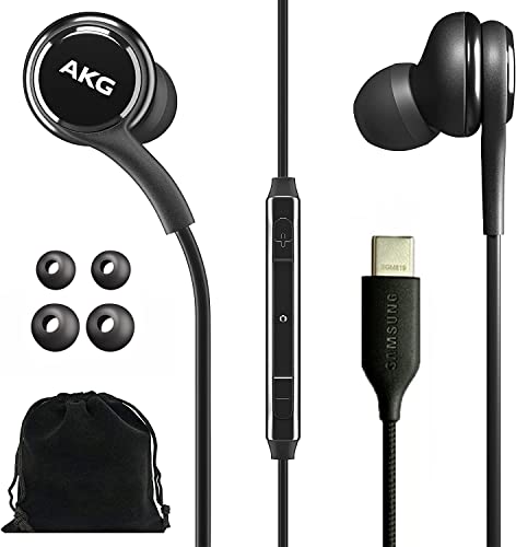 SAMSUNG AKG Earbuds for Galaxy S23 Ultra - Original USB Type C in-Ear Earbud Headphones with Remote & Mic - Braided - Includes Velvet Pouch - Black