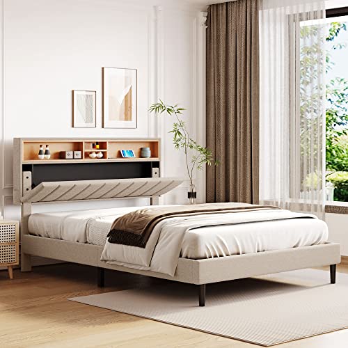 Merax Modern Upholstered Bed Frame with Storage Headboard and USB Port Wood Platform Bed No Box Spring Needed/Space Saving Queen, Beige