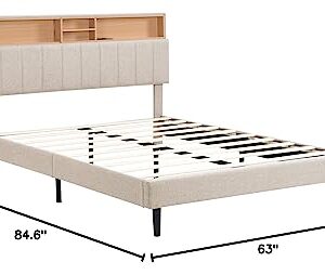 Merax Modern Upholstered Bed Frame with Storage Headboard and USB Port Wood Platform Bed No Box Spring Needed/Space Saving Queen, Beige