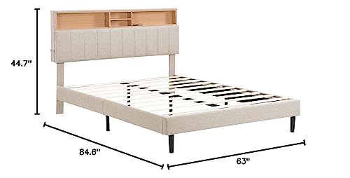 Merax Modern Upholstered Bed Frame with Storage Headboard and USB Port Wood Platform Bed No Box Spring Needed/Space Saving Queen, Beige