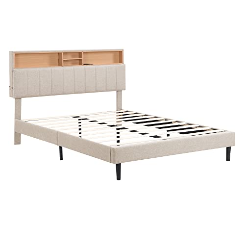 Merax Modern Upholstered Bed Frame with Storage Headboard and USB Port Wood Platform Bed No Box Spring Needed/Space Saving Queen, Beige