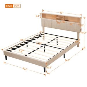 Merax Modern Upholstered Bed Frame with Storage Headboard and USB Port Wood Platform Bed No Box Spring Needed/Space Saving Queen, Beige