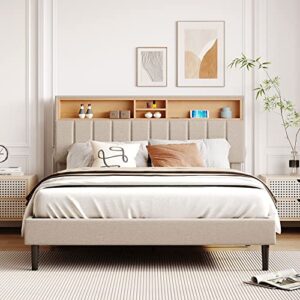 Merax Modern Upholstered Bed Frame with Storage Headboard and USB Port Wood Platform Bed No Box Spring Needed/Space Saving Queen, Beige