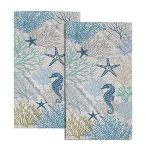 blue coral hand towels set of 2 sea horse decorative bathroom towels super soft absorbent towels for yoga gym spa kitchen 28x14 inch