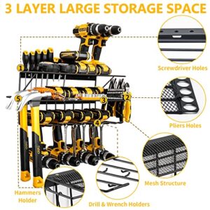 2 Pack Power Tool Organizer Holder, 8 Drill Holder Wall Mount for Garage Organization, 3 Layer Tool Storage Shelf, Heavy Duty Metal Tool Organizers and Storage Rack Tool Shelf Black