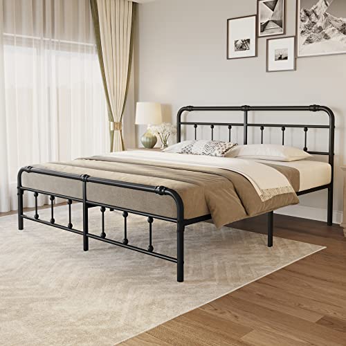 Debercu King-Bed-Frame with-Headboard and Footboard - Platform Metal Slats Mattress Foundation,No Box Spring Needed, Easy to Assemble(Black)