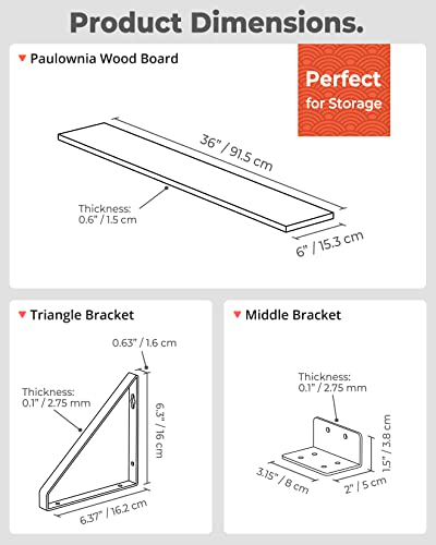 Greaittle 36 Inch Floating Book Shelves, Set of 3, with Middle Brackets for Sturdiness, Hanging Bookshelves for Wall, Long Floating Shelves for Wall Storage (36" x 6", Brown)