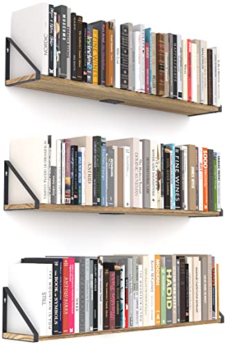 Greaittle 36 Inch Floating Book Shelves, Set of 3, with Middle Brackets for Sturdiness, Hanging Bookshelves for Wall, Long Floating Shelves for Wall Storage (36" x 6", Brown)