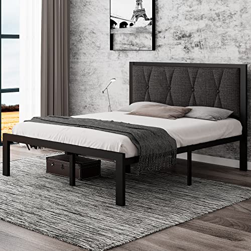 iPormis Queen Metal Platform Bed Frame with Upholstered Headboard, Upgraded Heavy Duty Bed Frame with Steel Slats Support/12 Under Bed Storage, Noise Free, No Box Spring Needed, Dark Gray