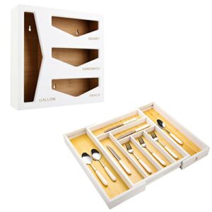 cozee bay bamboo bag storage organizer and drawer organizer bundle for kitchen drawer (white)