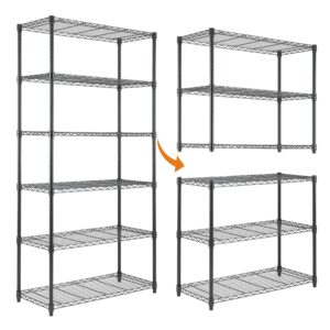 ezpeaks 6-shelf shelving unit, changeable into 2 of 3-shelf units, adjustable heavy duty steel wire shelves, 350 lbs loading capacity per shelf (71.5” h, 36” w, 16” d)