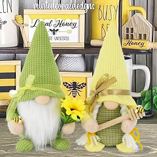 Attiigny Bumble Bee Gnome Plush, Set of 2 Honeybee Spring Summer Gnomes Holiday Ornaments, Scandinavian Tomte Elf World Bee Day Decor Gifts, Handmade Shelf Tiered Tray Decorations Bee Dolls for Home