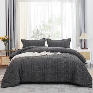 avelom dark grey comforter queen size set with sheets - 7 pieces bed in a bag seersucker complete bedding set, all season lightweight bed set with comforter, sheets, pillowcases & shams