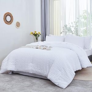 AveLom White Comforter Queen Size Set with Sheets - 7 Pieces Bed in a Bag Seersucker Complete Bedding Set, All Season Lightweight Bed Set with Comforter, Sheets, Pillowcases & Shams