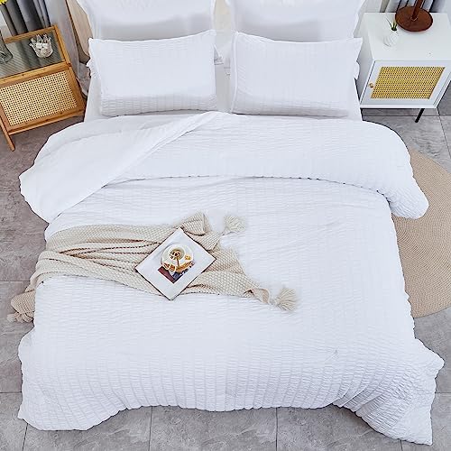 AveLom White Comforter Queen Size Set with Sheets - 7 Pieces Bed in a Bag Seersucker Complete Bedding Set, All Season Lightweight Bed Set with Comforter, Sheets, Pillowcases & Shams