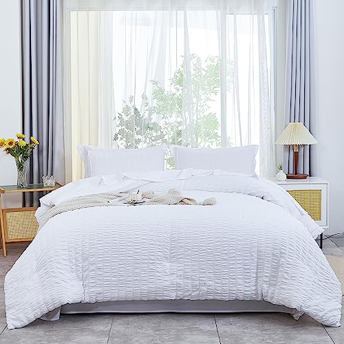 AveLom White Comforter Queen Size Set with Sheets - 7 Pieces Bed in a Bag Seersucker Complete Bedding Set, All Season Lightweight Bed Set with Comforter, Sheets, Pillowcases & Shams