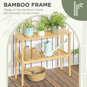 HOMCOM Bamboo Shelf, 2-Tier Multifunctional Storage Shelf, Plant Flower Stand for The Bathroom, Kitchen, and Living Room Storage, Natural