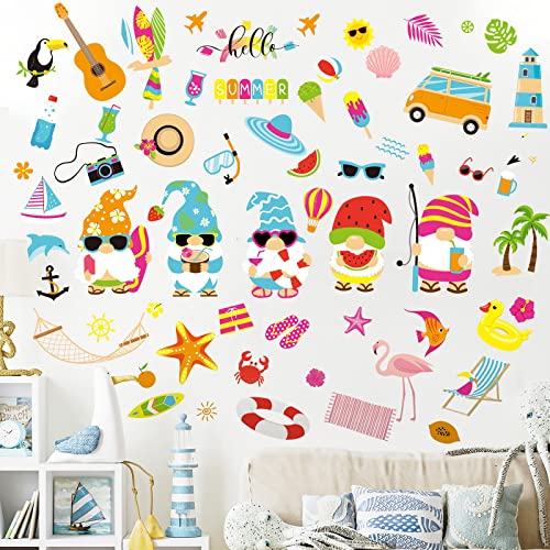 193 Pieces Summer Wall Sticker Gnome Wall Decals Hawaiian Tropic Wall Stickers Window Clings Peel and Stick Wallpaper Colorful Art for Kids Toddlers Adults Home Classroom Nursery Beach Party Supplies