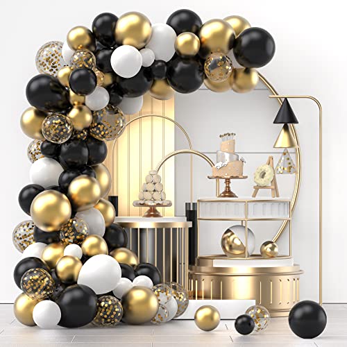 NISOCY Black and Gold Balloons Garland Arch Kit, 120 PCS 12in 10in 5in Metallic Gold Black White and Confetti Balloons for Graduation, Birthday, Wedding, Anniversary, Celebrations, Party Decoration