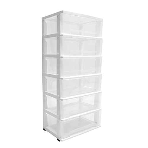 6-Layer Rolling Storage Cart and Organizer Plastic Drawer Cabinet Shelf with Wheels Transparent Drawers Mobile Storage Rack Tower for Offices Hallway Closet Kitchen 19.7x13x43in (White)