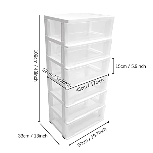 6-Layer Rolling Storage Cart and Organizer Plastic Drawer Cabinet Shelf with Wheels Transparent Drawers Mobile Storage Rack Tower for Offices Hallway Closet Kitchen 19.7x13x43in (White)