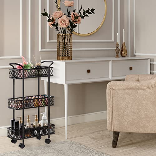 Slim Rolling Storage Cart, 3 Tier Bathroom Organizer Mobile Shelving Unit, Mobile Shelving Unit Cart with Handle and Lockable Wheels for Bathroom,Laundry,Living Room,Kitchen (Black)