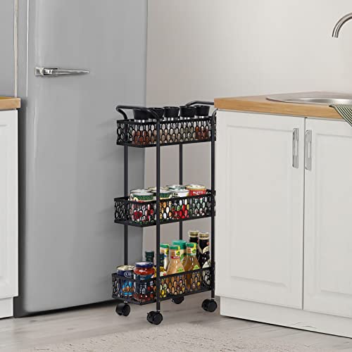 Slim Rolling Storage Cart, 3 Tier Bathroom Organizer Mobile Shelving Unit, Mobile Shelving Unit Cart with Handle and Lockable Wheels for Bathroom,Laundry,Living Room,Kitchen (Black)