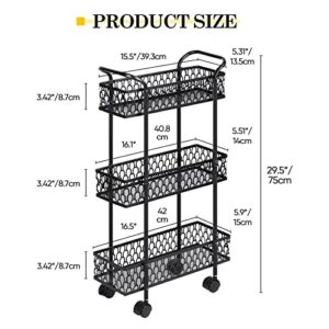 Slim Rolling Storage Cart, 3 Tier Bathroom Organizer Mobile Shelving Unit, Mobile Shelving Unit Cart with Handle and Lockable Wheels for Bathroom,Laundry,Living Room,Kitchen (Black)