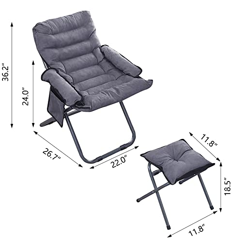 Living Room Lazy Chair with Ottoman & Armrest, Modern Comfy Folding Lounge Chair Reclining Sofa Leisure Chair Armchair with Footstool for Bedroom/Office/Hosting, Grey (Large)