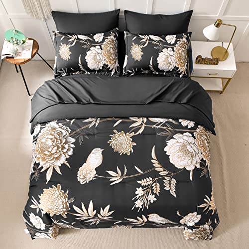 Black Floral Comforter Set Queen Size 7 Pieces Bed in a Bag, Flower and Birds Printed on Black Bedding Set Botanical Pattern Comforter and Sheet Set,Soft Microfiber Complete Bedding for All Season