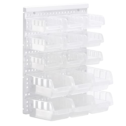 RIVTUN Transparent Garage Organizer Bins, 15PCS Wall Mounted Storage Small Parts Bins With White Pegboard to Store Nuts,Bolts, Screws, Nails