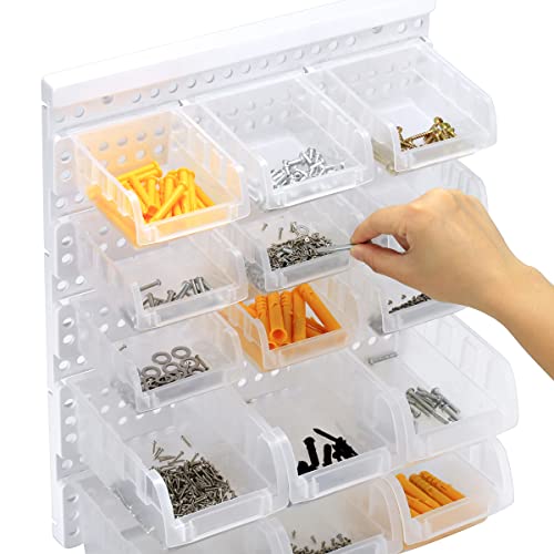 RIVTUN Transparent Garage Organizer Bins, 15PCS Wall Mounted Storage Small Parts Bins With White Pegboard to Store Nuts,Bolts, Screws, Nails