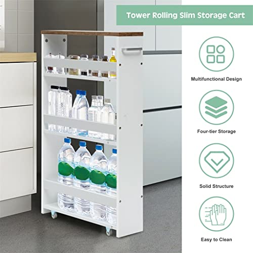 JYDQM 4-Layer Rolling -Thin Practical Storage Cart Tower Kitchen Storage Box Handle White Storage Cart