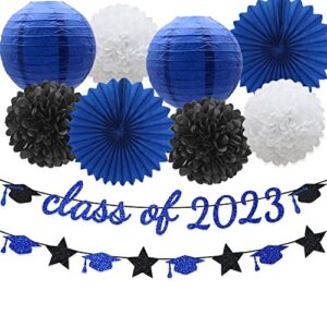 graduation party supplies glitter class of banner backdrop hanging paper flowers pom poms decoration blue
