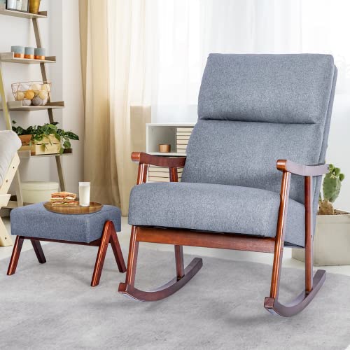 HOMREST Rocking Chair, Mid-Century Modern Upholstered Fabric Rocking Armchair with Ottoman & Thick Padded Cushion for Living Baby Room, Bedroom(Gray)