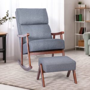 HOMREST Rocking Chair, Mid-Century Modern Upholstered Fabric Rocking Armchair with Ottoman & Thick Padded Cushion for Living Baby Room, Bedroom(Gray)