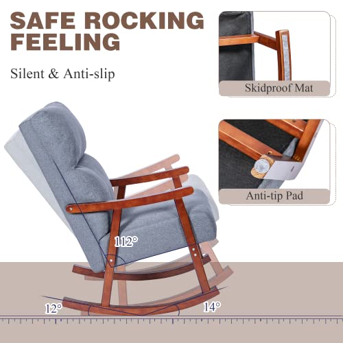 HOMREST Rocking Chair, Mid-Century Modern Upholstered Fabric Rocking Armchair with Ottoman & Thick Padded Cushion for Living Baby Room, Bedroom(Gray)