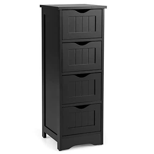 Tangkula Bathroom Floor Cabinet, Wooden Storage Cabinet with 4 Drawers, Modern Side Table, Free Standing Organizer Unit for Home Office Bathroom Living Room Bedroom (4 Drawers, Black)