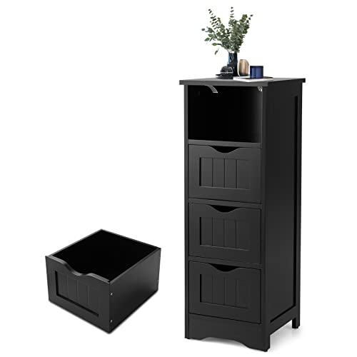 Tangkula Bathroom Floor Cabinet, Wooden Storage Cabinet with 4 Drawers, Modern Side Table, Free Standing Organizer Unit for Home Office Bathroom Living Room Bedroom (4 Drawers, Black)