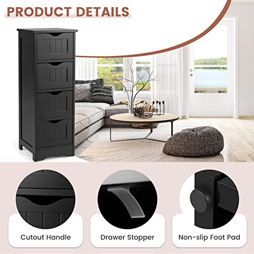 Tangkula Bathroom Floor Cabinet, Wooden Storage Cabinet with 4 Drawers, Modern Side Table, Free Standing Organizer Unit for Home Office Bathroom Living Room Bedroom (4 Drawers, Black)